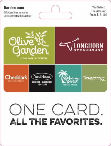 Darden $15-$100 Gift Card – Activate and add value after Pickup Perspective: front