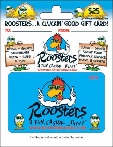 Roosters Wings $25 Gift Card – Activate and add value after Pickup Perspective: front