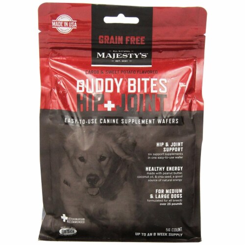 Majestys MBBHJGF28 Buddy Bites Hip & Joint, Grain-Free Formula Carob & Sweet Potato - 28 coun Perspective: front