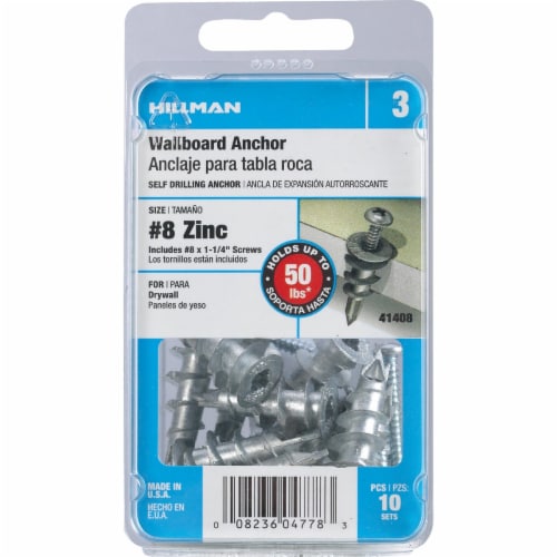 Hillman #8 Zinc Wallboard Anchors Perspective: front