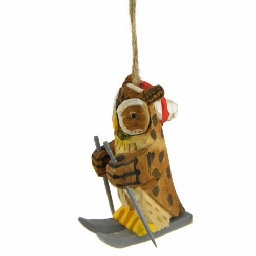 Gallerie II 3.5  Brown and Yellow Holiday Collections Wooden Owl Skiing Christmas Ornament Perspective: front