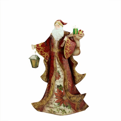 Gallerie II 17.75  Red Vintage Postcard Santa Holding Lantern and Gifts Tin Table Top Perspective: front