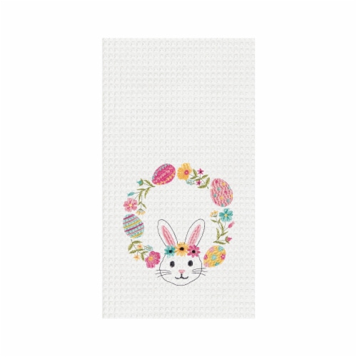 Bunny Egg Wreath Embroidered Waffle Weave Kitchen Towel Perspective: front