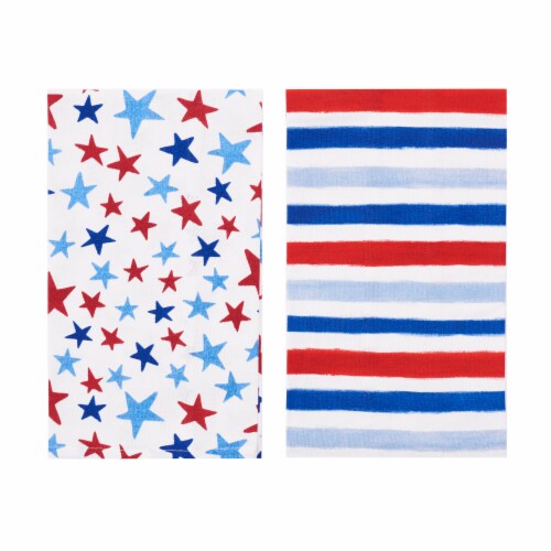 Watercolor Red White and Blue Stars & Stripes 4th of July Kitchen Towel Set of 2 Perspective: front