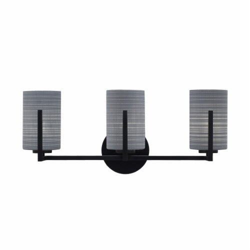 Atlas 3 Light Bath Bar In Matte Black Finish With 4 Gray Matrix Glass Perspective: front