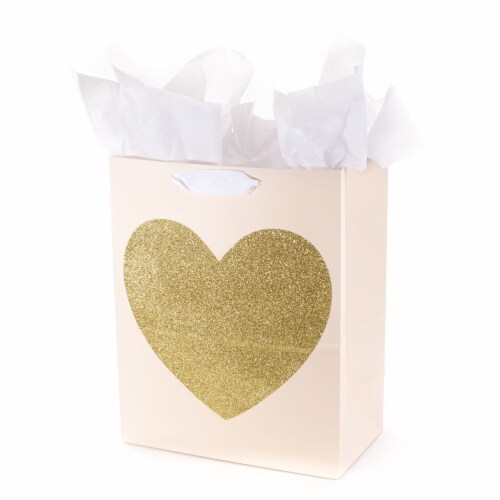 Hallmark #53 Large Gift Bag with Tissue Paper (Gold Glitter Heart) Perspective: front