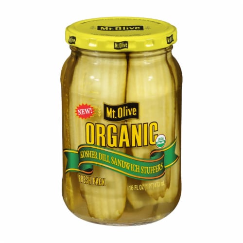 Mt Olive Pickle Co Kosher Dill Sandwich Stuffers - Case of 6 - 16 oz. Perspective: front