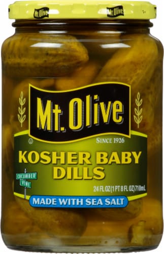 Mt. Olive Kosher Baby Dill Pickles with Sea Salt Perspective: front