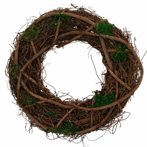 Northlight 13 Green and Brown Moss and Twig Artificial Spring Wreath - Unlit Perspective: front
