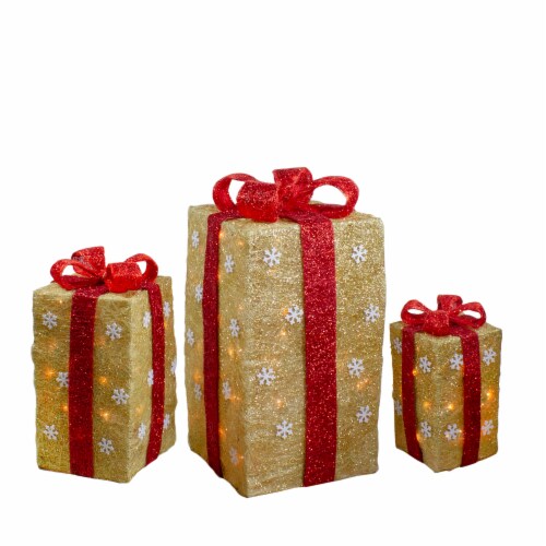 Northlight Set of 3 Lighted Tall Gold Gift Boxes with Red Bows Christmas Outdoor Decorations Perspective: front