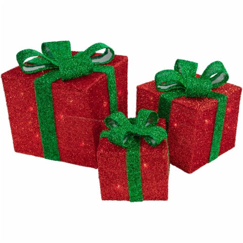 Northlight Set of 3 Lighted Red and Green Tinsel Gift Boxes with Bows Christmas Outdoor Perspective: front