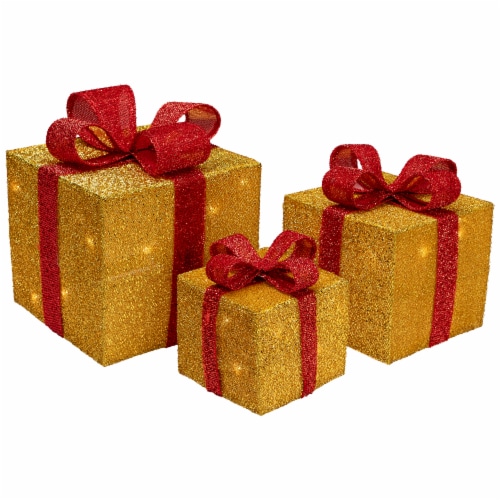 Northlight Set of 3 Gold and Red Gift Boxes with Bows Lighted Christmas Outdoor Decorations Perspective: front