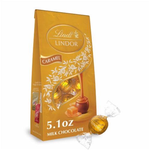 Lindt LINDOR Caramel Milk Chocolate Candy Truffles Bag Perspective: front