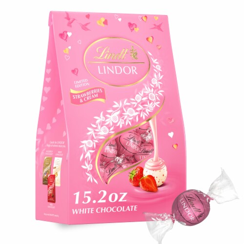 Lindt LINDOR Valentine's Day Strawberries and Cream White Chocolate Candy Truffles Bag Perspective: front