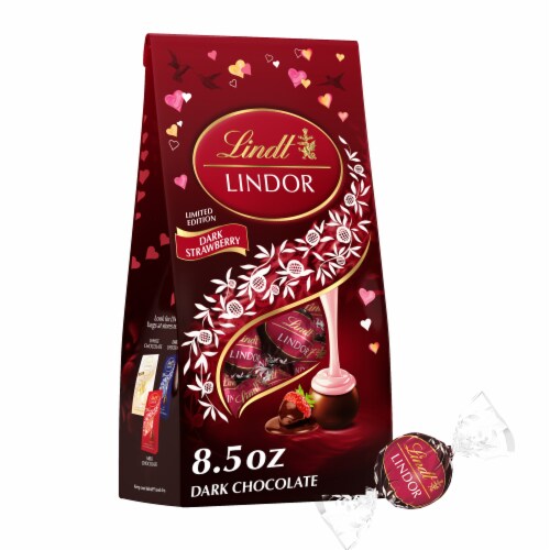Lindt LINDOR Valentine's Day Strawberry Dark Chocolate Candy Truffles Bag Perspective: front