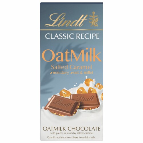 Lindt CLASSIC RECIPE Non-Dairy OatMilk Salted Caramel Chocolate Candy Bar Perspective: front