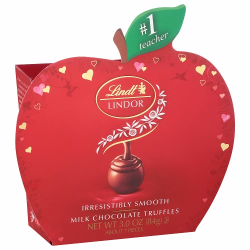 Lindt LINDOR Valentine's Milk Chocolate Candy Truffles Teacher Apple Gift Box Perspective: front