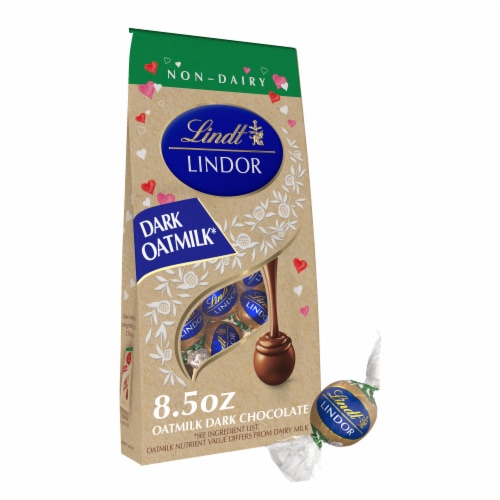 Lindt LINDOR Valentine's Day Non-Dairy Oatmilk Dark Chocolate Candy Truffles Bag Perspective: front