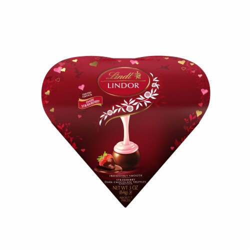 Lindt LINDOR Valentine's Day Strawberry Dark Chocolate Candy Truffles Friend Heart Gift Box Perspective: front
