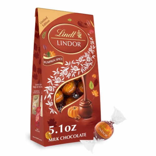 Lindt LINDOR Fall Pumpkin Spice Milk Chocolate Candy Truffles Bag Perspective: front