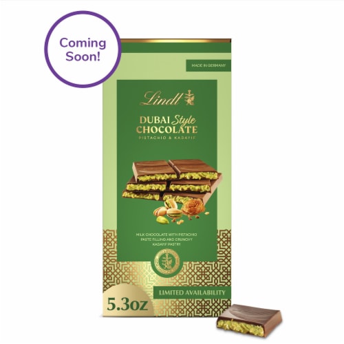 Lindt Dubai Style Milk Chocolate Candy with Pistachio & Kadayif - Available starting July 24th Perspective: front