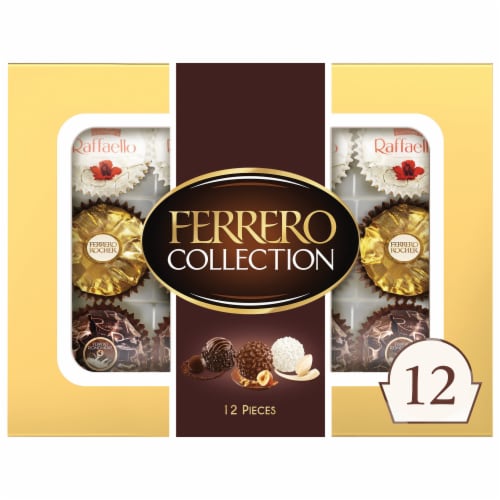 Ferrero Rocher Gourmet Assorted Hazelnut Milk and Dark Chocolate and Coconut Chocolate Gift Box Perspective: front
