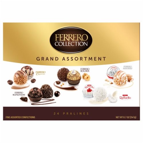 Ferrero Rocher Hazelnut Milk and Dark Chocolate Coconut Almond and Cappuccino Chocolate Gift Box Perspective: front