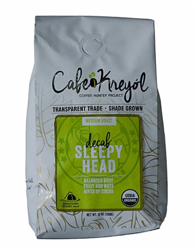 Cafe Kreyol Organic Decaf Sleepy Head Medium Roast Whole Bean Coffee Perspective: front