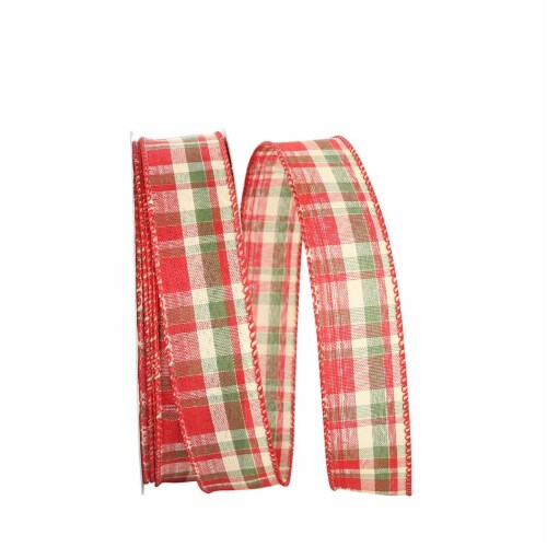 Reliant Ribbon 92684W-985-09K Plaid Prime Value Wired Edge Ribbon - Red & Green - 1.5 in. x 5 Perspective: front