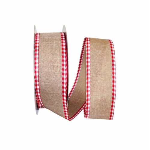 Reliant Ribbon 92970W-756-40K Linen Gingham Check Value Wired Edge Ribbon - Natural & Red - 2 Perspective: front
