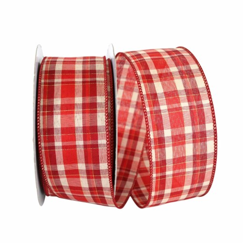 Reliant Ribbon 92684W-065-40K Plaid Prime Value Wired Edge Ribbon - Red - 2.5 in. x 50 yards Perspective: front