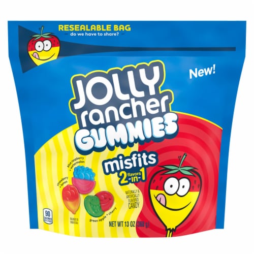 JOLLY RANCHER MISFITS 2-in-1 Assorted Fruit Flavored Gummies Candy Resealable Bag Perspective: front