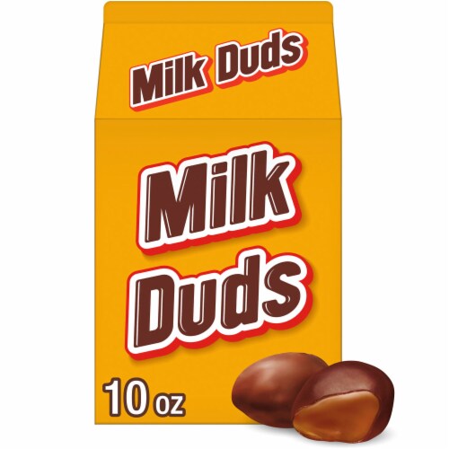 MILK DUDS Chocolate and Caramel Candy Carton Perspective: front
