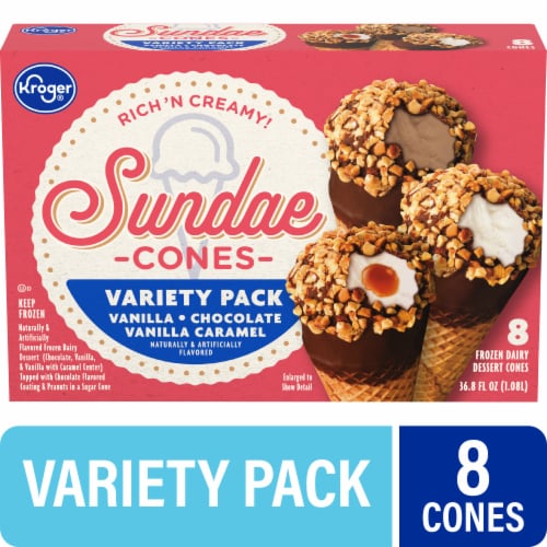 Kroger® Fun Days Sundaes Variety Pack Frozen Dairy Dessert Cones Perspective: front