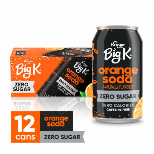 Big K® Orange Zero Sugar Caffeine Free Soda Cans Perspective: front
