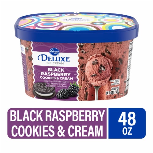 Kroger® Deluxe Black Raspberry Cookies & Cream Ice Cream Tub Perspective: front