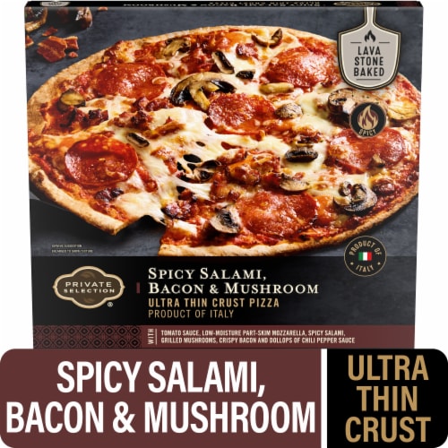 Private Selection® Spicy Salami Bacon & Mushroom Ultra Thin Crust Frozen Pizza Perspective: front