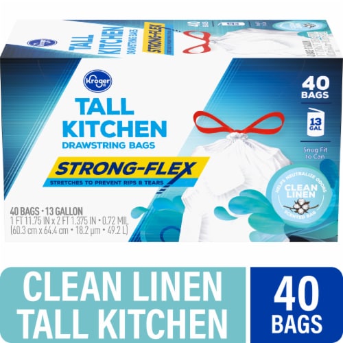 Kroger® 13 Gallon Strong Flex Tall Drawstring Kitchen Bags Clean Linen Scent Perspective: front