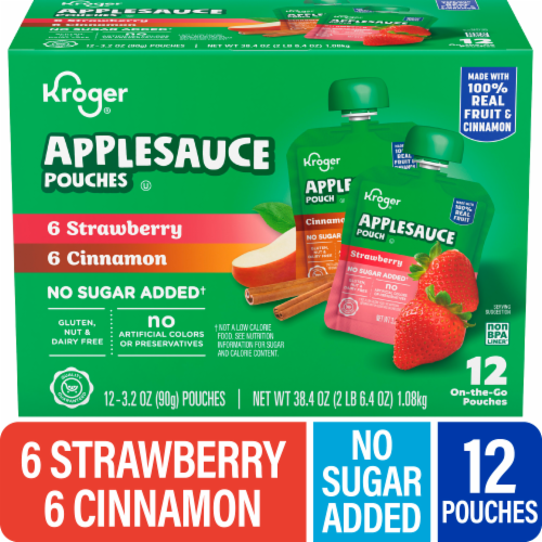 Kroger® No Sugar Added Assorted Strawberry and Cinnamon Applesauce Pouches Perspective: front
