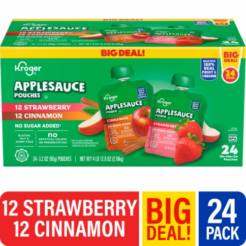 Kroger® No Sugar Added Assorted Strawberry/Cinnamon Applesauce Pouches BIG DEAL! Perspective: front