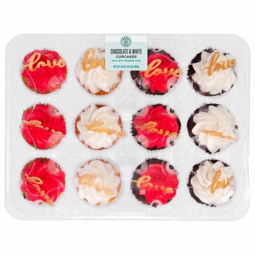 Bakery Fresh White & Chocolate Cupcakes with Buttercreme Frosting Perspective: front