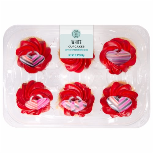 Bakery Fresh Goodness Valentine's Day White Cupcakes with Buttercreme Icing Perspective: front