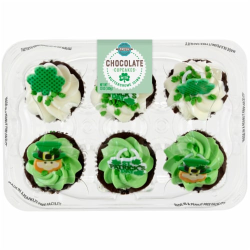 Bakery Fresh Goodness St. Patrick's Day Chocolate Cupcakes with Buttercreme Icing Perspective: front