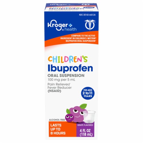 Kroger® Children's Ibuprofen Grape Oral Suspension Liquid 100mg Perspective: front