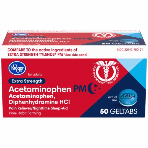 Kroger® Extra Strength Acetaminophen PM Pain Reliever/Nighttime Sleep-Aid Geltabs Perspective: front