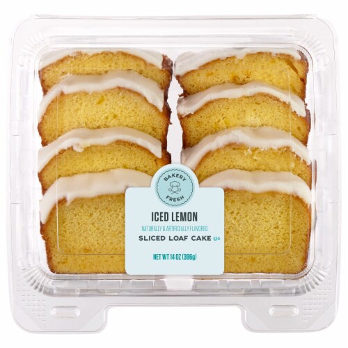 Bakery Fresh Vanilla Iced Sliced Lemon Loaf Cake Perspective: front