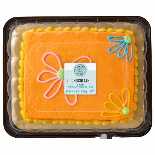 Bakery Fresh Chocolate Sheet Cake with Orange Buttercreme Icing Perspective: front