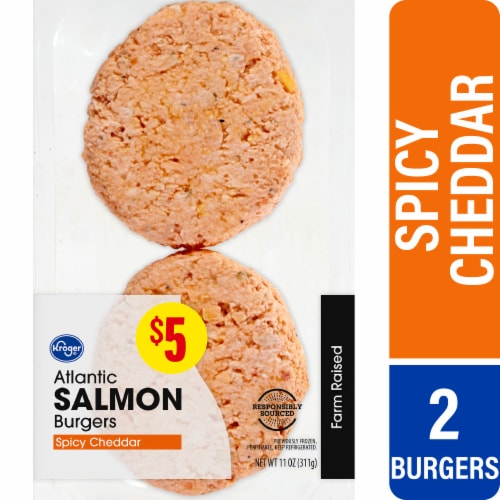 Kroger® Farm Raised Atlantic Salmon Burgers Spicy Cheddar Perspective: front