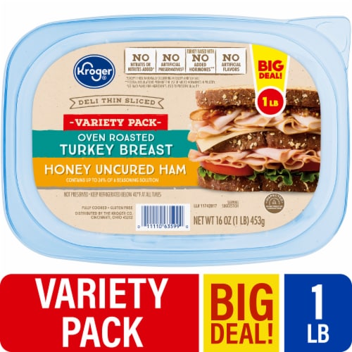 Kroger® Oven Roasted Turkey Breast and Uncured Honey Ham Variety Pack Deli Thin Sliced BIG DEAL! Perspective: front