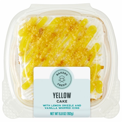 Bakery Fresh Yellow Cake with Lemon Drizzle and Vanilla Icing Square Perspective: front